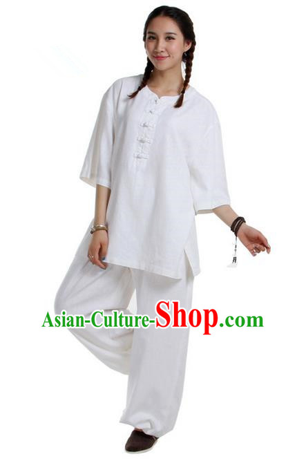 Traditional Chinese Kung Fu Costume Martial Arts Linen Suits Pulian Meditation Clothing, China Tang Suit Uniforms Tai Chi White Clothing for Women