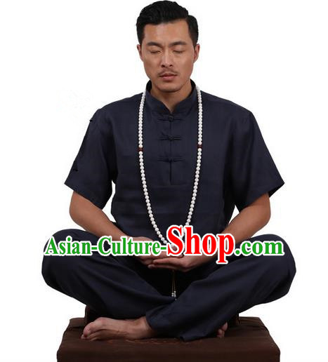 Traditional Chinese Kung Fu Costume Martial Arts Linen Plated Buttons Black Suits Pulian Meditation Clothing, China Tang Suit Uniforms Tai Chi Clothing for Men