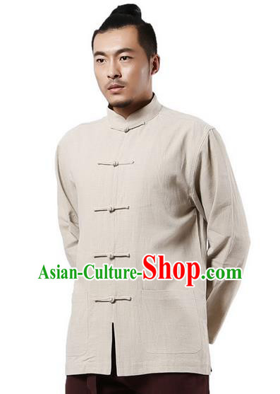 Traditional Chinese Kung Fu Costume Martial Arts Linen Plated Buttons Beige Overshirt Pulian Clothing, China Tang Suit Shirt Tai Chi Clothing for Men