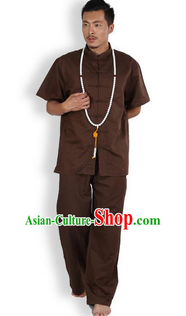 Traditional Chinese Kung Fu Costume Martial Arts Ice Silk Linen Short Sleeve Coffee Suits Pulian Clothing, China Tang Suit Uniforms Tai Chi Meditation Clothing for Men