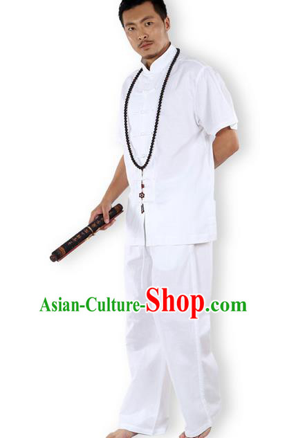 Traditional Chinese Kung Fu Costume Martial Arts Ice Silk Linen Short Sleeve White Suits Pulian Clothing, China Tang Suit Uniforms Tai Chi Meditation Clothing for Men