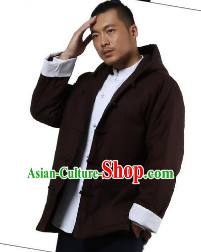 Traditional Chinese Kung Fu Costume Martial Arts Linen Hooded Coat Pulian Clothing, China Tang Suit Jackets Tai Chi Meditation Coffee Overcoat Clothing for Men