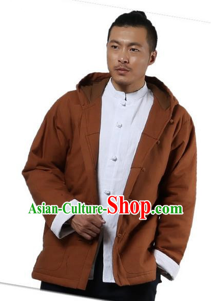 Traditional Chinese Kung Fu Costume Martial Arts Linen Hooded Coat Pulian Clothing, China Tang Suit Jackets Tai Chi Meditation Khaki Overcoat Clothing for Men