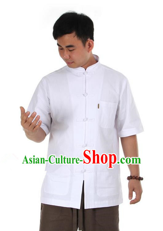 Traditional Chinese Kung Fu Costume Martial Arts Linen Short Sleeve Shirts Pulian Clothing, China Tang Suit T-Shirt Tai Chi Meditation White Overshirt for Men
