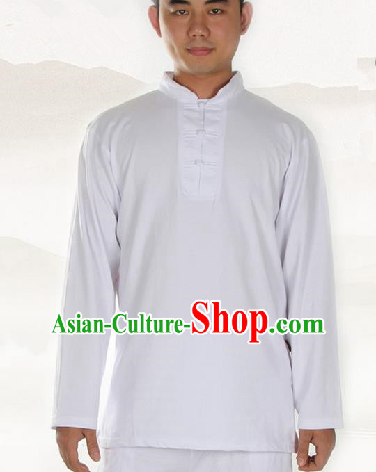 Traditional Chinese Kung Fu Costume Martial Arts Linen Plated Buttons White Shirt Pulian Meditation Clothing, China Tang Suit T-Shirts Tai Chi Clothing for Men
