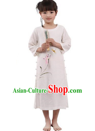 Traditional Chinese Cheongsam Costume, Children Meditation Linen Dress Pulian Clothing, China Tang Suit Tai Chi Zen Painting Lotus Beige Dress for Kids