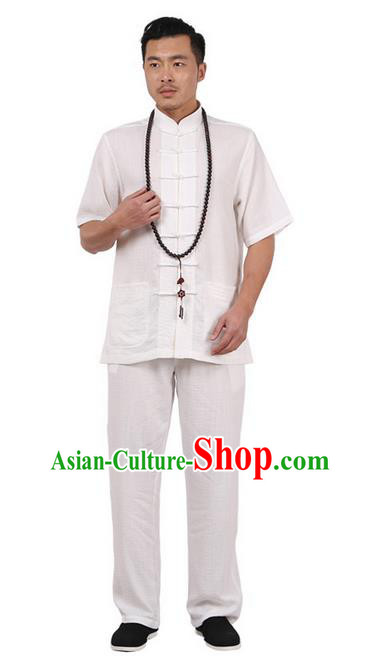 Traditional Chinese Kung Fu Costume Martial Arts Linen Plated Buttons Short Sleeve White Uniforms Pulian Clothing, China Tang Suit Tai Chi Meditation Clothing for Men