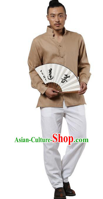 Traditional Chinese Kung Fu Costume Martial Arts Linen Stand Collar Shirts Pulian Clothing, China Tang Suit Tai Chi Overshirt Khaki Upper Outer Garment for Men