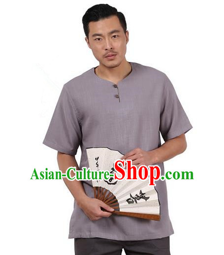 Traditional Chinese Kung Fu Costume Martial Arts Linen Short Sleeve T-Shirts Pulian Clothing, China Tang Suit Tai Chi Overshirt Grey Upper Outer Garment for Men