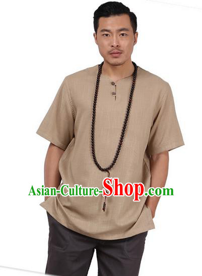 Traditional Chinese Kung Fu Costume Martial Arts Linen Short Sleeve T-Shirts Pulian Clothing, China Tang Suit Tai Chi Overshirt Khaki Upper Outer Garment for Men