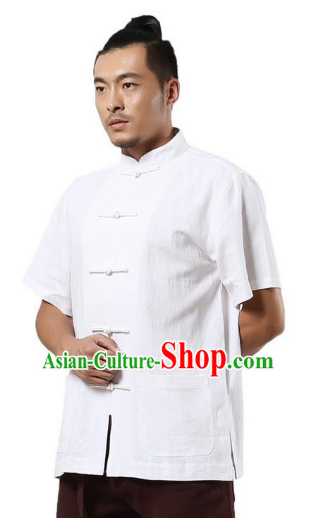Traditional Chinese Kung Fu Costume Martial Arts Linen Short Sleeve Shirts Pulian Clothing, China Tang Suit Tai Chi Upper Outer Garment White Overshirt for Men