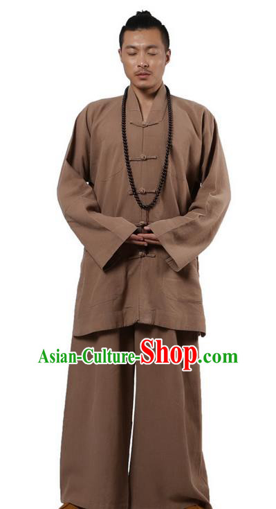 Traditional Chinese Kung Fu Costume Martial Arts Ramie Long Sleeve Khaki Plated Buttons Uniforms Pulian Clothing, China Tang Suit Tai Chi Meditation Clothing for Men