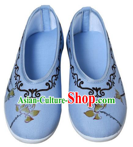 Top Chinese Traditional Tai Chi Embroidered Lotus Linen Shoes Kung Fu Pulian Shoes Martial Arts Blue Shoes for Women