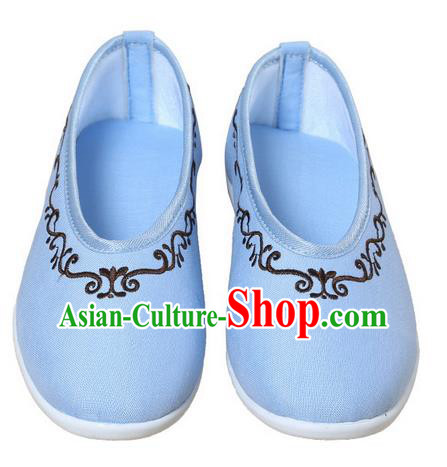 Top Chinese Traditional Tai Chi Embroidered Linen Shoes Kung Fu Pulian Shoes Martial Arts Blue Shoes for Women