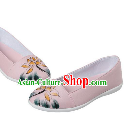 Top Chinese Traditional Tai Chi Hand Painting Lotus Linen Shoes Kung Fu Pulian Shoes Martial Arts Pink Shoes for Women