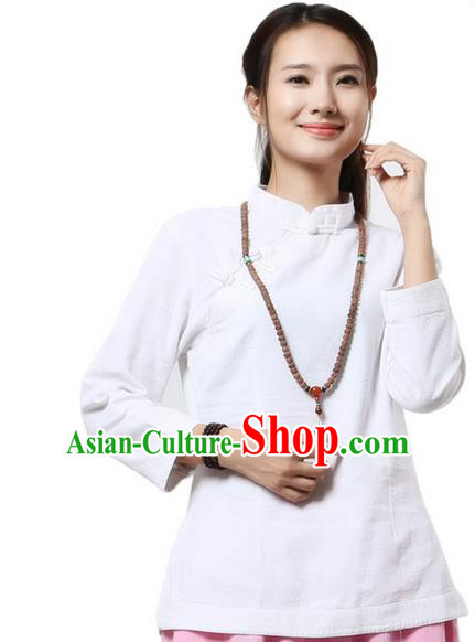 Top Chinese Traditional Costume Tang Suit White Blouse, Pulian Clothing China Cheongsam Upper Outer Garment Plated Buttons Shirts for Women
