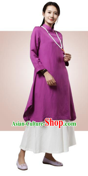 Top Chinese Traditional Costume Tang Suit Purple Qipao Dress, Pulian Clothing China Cheongsam Upper Outer Garment Stand Collar Dress for Women