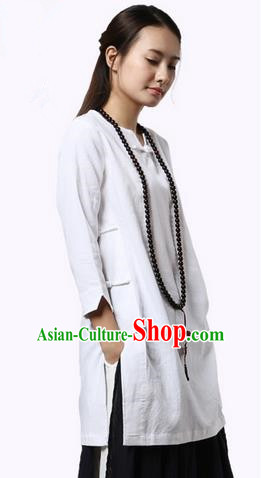 Top Chinese Traditional Costume Tang Suit White Qipao Dress, Pulian Zen Clothing China Cheongsam Upper Outer Garment Dress for Women