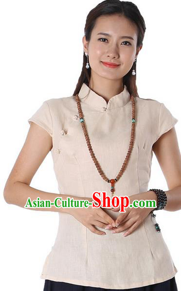 Top Chinese Traditional Costume Tang Suit Beige Blouse, Pulian Zen Clothing China Cheongsam Upper Outer Garment Stand Collar Shirts for Women