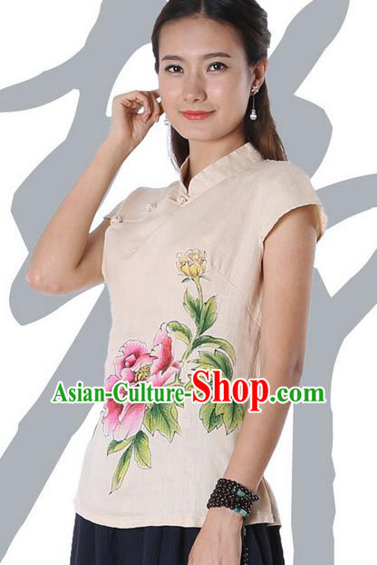 Top Chinese Traditional Costume Tang Suit Beige Painting Peony Flowers Blouse, Pulian Zen Clothing China Cheongsam Upper Outer Garment Stand Collar Shirts for Women