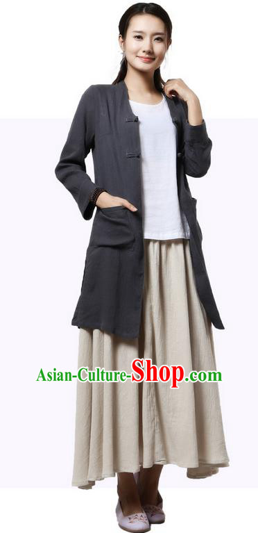 Top Chinese Traditional Costume Tang Suit Grey Coats, Pulian Zen Clothing China Cheongsam Upper Outer Garment Plated Buttons Dust Coats for Women