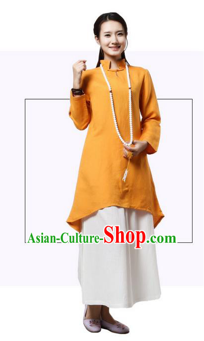 Top Chinese Traditional Costume Tang Suit Linen Qipao Dress, Pulian Clothing China Republic of China Cheongsam Upper Outer Garment Yellow Dress for Women