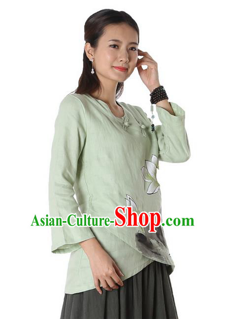 Top Chinese Traditional Costume Tang Suit Green Painting Lotus Blouse, Pulian Zen Clothing China Cheongsam Upper Outer Garment Plated Buttons Shirts for Women