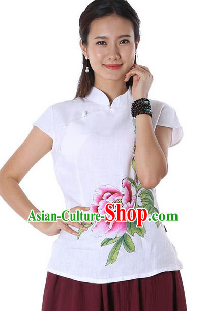 Top Chinese Traditional Costume Tang Suit White Linen Painting Peony Flower Blouse, Pulian Zen Clothing China Cheongsam Upper Outer Garment Stand Collar Shirts for Women