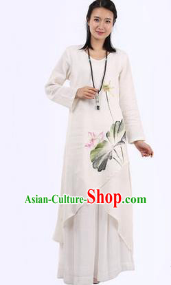 Top Chinese Traditional Costume Tang Suit White Linen Painting Lotus Qipao Dress, Pulian Meditation Clothing China Cheongsam Upper Outer Garment Dress for Women