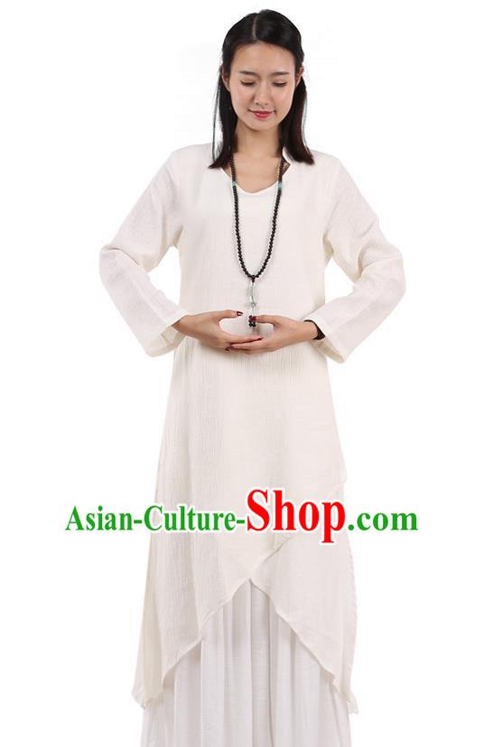 Top Chinese Traditional Costume Tang Suit White Qipao Dress, Pulian Meditation Clothing China Cheongsam Upper Outer Garment Dress for Women