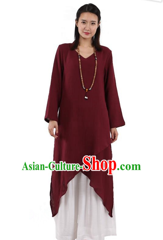 Top Chinese Traditional Costume Tang Suit Wine Red Qipao Dress, Pulian Meditation Clothing China Cheongsam Upper Outer Garment Dress for Women