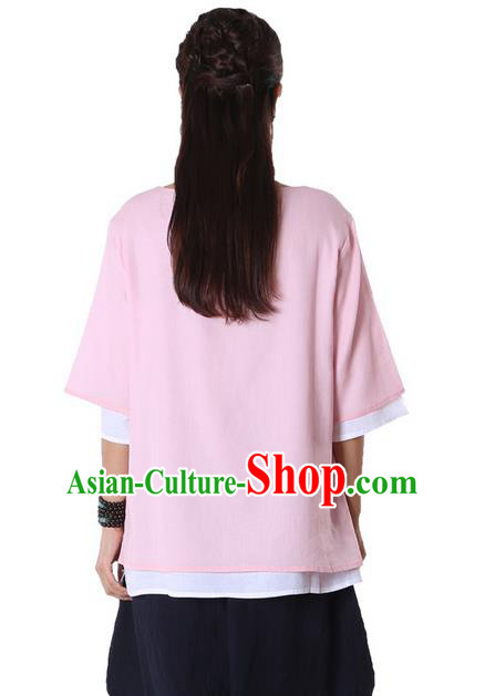 Top Chinese Traditional Costume Tang Suit Double-deck Pink Blouse, Pulian Zen Clothing China Cheongsam Upper Outer Garment Plated Buttons Shirts for Women