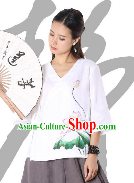 Top Chinese Traditional Costume Tang Suit White Painting Pink Lotus Blouse, Pulian Zen Clothing China Cheongsam Upper Outer Garment Slant Opening Shirts for Women
