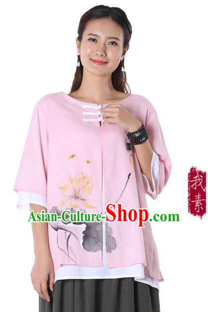 Top Chinese Traditional Costume Tang Suit Double-deck Pink Ink Painting Lotus Blouse, Pulian Zen Clothing China Cheongsam Upper Outer Garment Plated Buttons Shirts for Women