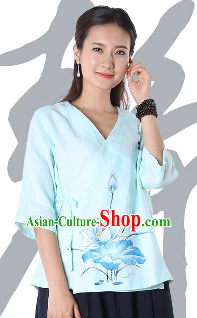 Top Chinese Traditional Costume Tang Suit Blue Painting Blue Lotus Blouse, Pulian Zen Clothing China Cheongsam Upper Outer Garment Slant Opening Shirts for Women