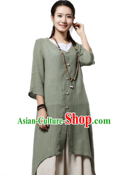 Top Chinese Traditional Costume Tang Suit Green Linen Qipao Coats, Pulian Clothing Republic of China Upper Outer Garment Dust Coats for Women