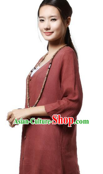 Top Chinese Traditional Costume Tang Suit Purplish Red Linen Qipao Coats, Pulian Clothing Republic of China Upper Outer Garment Dust Coats for Women