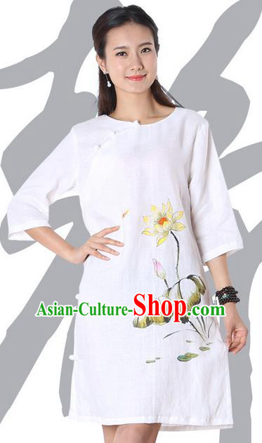 Top Chinese Traditional Costume Tang Suit White Linen Qipao Painting Lotus Yoga Dress, Pulian Clothing Republic of China Cheongsam Upper Outer Garment Dress for Women