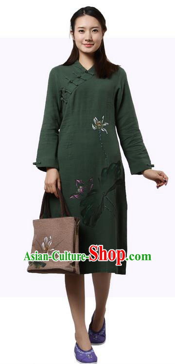Top Chinese Traditional Costume Tang Suit Slant Opening Plated Buttons Qipao Dress, Pulian Clothing Republic of China Cheongsam Painting Lotus Green Dress for Women