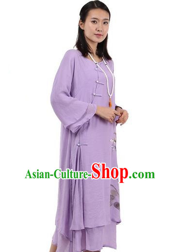 Top Chinese Traditional Costume Tang Suit Purple Plated Buttons Qipao Dress, Pulian Clothing Republic of China Cheongsam Hand Painting Lotus Dress for Women