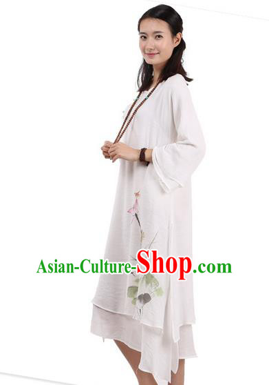 Top Chinese Traditional Costume Tang Suit White Plated Buttons Qipao Dress, Pulian Clothing Republic of China Cheongsam Hand Painting Lotus Dress for Women