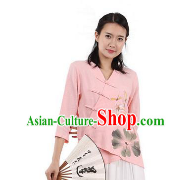 Top Chinese Traditional Costume Tang Suit Slant Opening Painting Lotus Pink Blouse, Pulian Zen Clothing China Cheongsam Upper Outer Garment Plated Buttons Shirts for Women