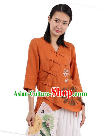 Top Chinese Traditional Costume Tang Suit Slant Opening Painting Lotus Orange Blouse, Pulian Zen Clothing China Cheongsam Upper Outer Garment Plated Buttons Shirts for Women