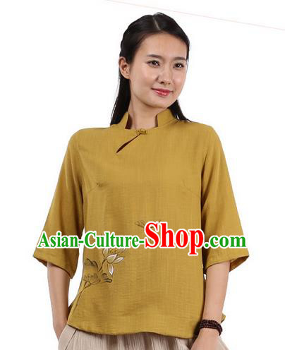 Top Chinese Traditional Costume Tang Suit Yellow Painting Lotus Blouse, Pulian Zen Clothing China Cheongsam Upper Outer Garment Shirts for Women