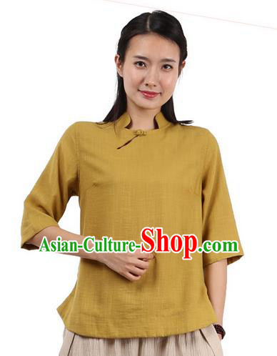 Top Chinese Traditional Costume Tang Suit Yellow Blouse, Pulian Zen Clothing China Cheongsam Upper Outer Garment Shirts for Women