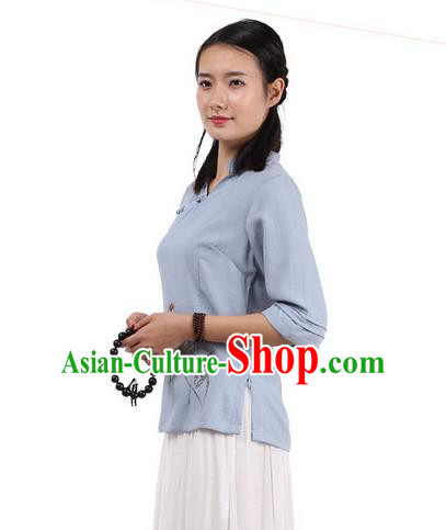 Top Chinese Traditional Costume Tang Suit Blue Painting Lotus Blouse, Pulian Zen Clothing China Cheongsam Upper Outer Garment Slant Opening Shirts for Women