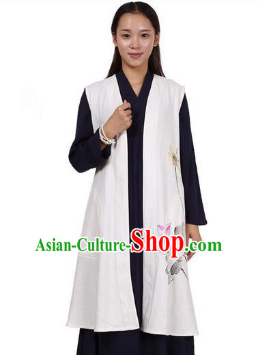 Top Chinese Traditional Costume Tang Suit Linen Vest, Pulian Zen Clothing Republic of China Cheongsam Upper Outer Garment Green White Cappa for Women