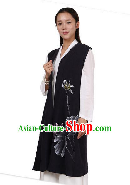 Top Chinese Traditional Costume Tang Suit Linen Vest, Pulian Zen Clothing Republic of China Cheongsam Upper Outer Garment Green Navy Cappa for Women