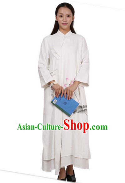 Top Chinese Traditional Costume Tang Suit Linen Qipao Pattern White Dress, Pulian Clothing Republic of China Cheongsam Upper Outer Garment Painting Lotus Dress for Women