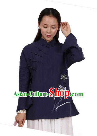 Top Chinese Traditional Costume Tang Suit Linen Upper Outer Garment Navy Blouse, Pulian Zen Clothing Republic of China Cheongsam Painting Flower Shirts for Women